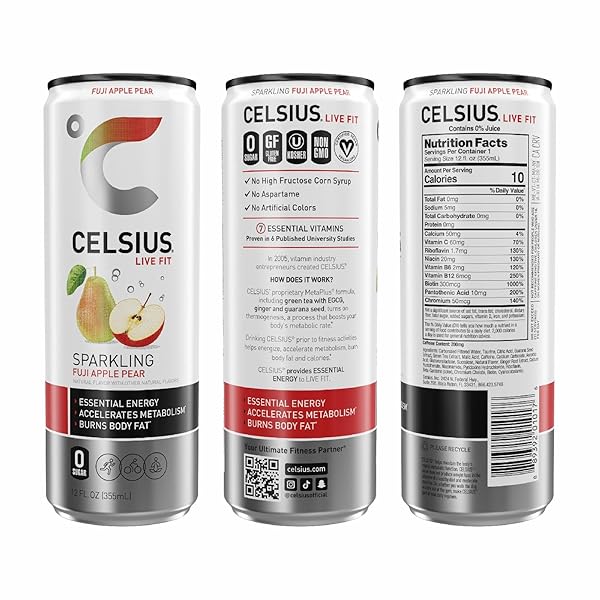 CELSIUS SPARKLING FUJI APPLE PEAR, FUNCTIONAL ESSENTIAL ENERGY DRINK, 12 FL OZ