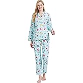 GLOBAL Women's Flannel Pajamas Set 100% Cotton PJs for Women Long Sleeve Button Drawstring Waist Warm Loungewear Sleepwear