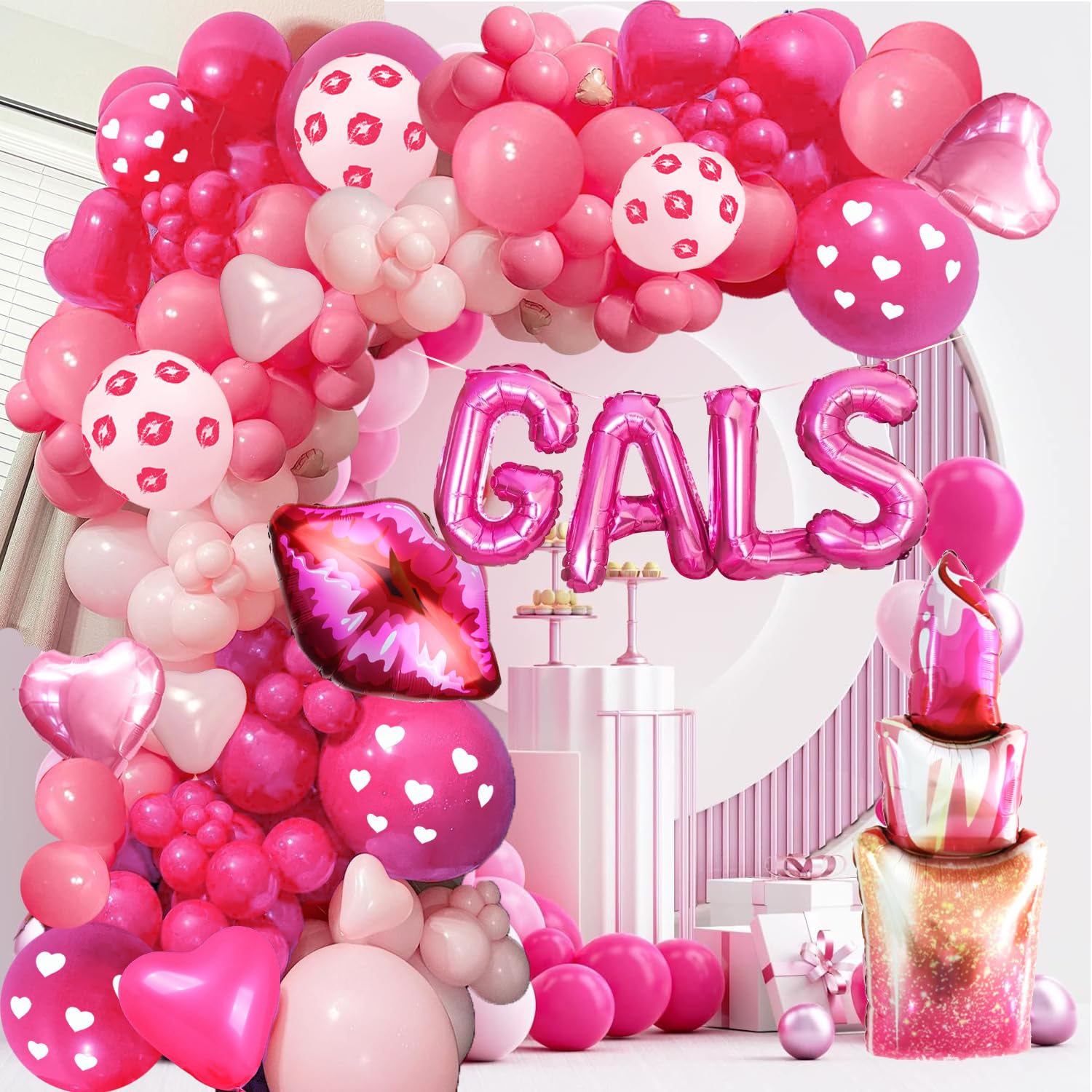 Photo 1 of 136Pcs Galentines Day Decorations Galentines Day Balloon Garland Arch Kit Include Gals Balloons,Lip Foil Balloons for Galentine's Day Themed Girls Women Brunch Party Supplies