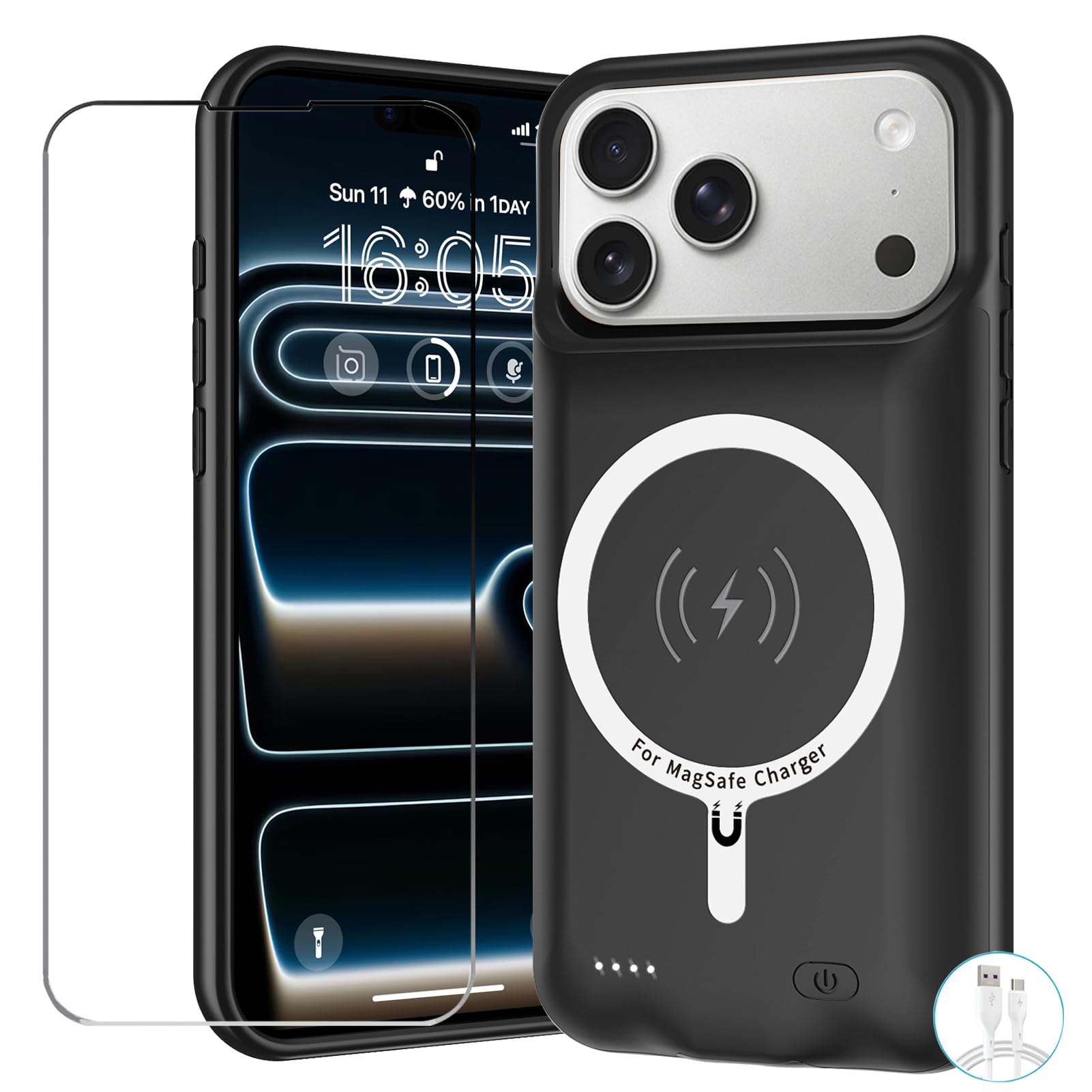 YINGYKJ Funda de batería para iPhone 17 Pro Max, paquete actualizado de 12000 mAh, funda de cargador recargable con carga inalámbrica, compatible con iPhone 17 Pro Max (6,9 pulgadas), cubierta de carga de batería externa (negro)