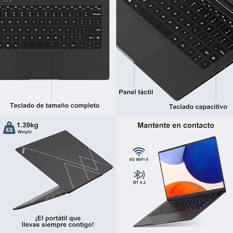 Ordenador Portátil 14 Pulgadas Celeron N5095 Upto 2,9 GHz Portatiles 8GB RAM 256GB SSD TF 1TB LPDDR4 Win11 5G WiFi 1920*1080 FHD mini HDMl Laptop Película Protectora Español - negro Cuerpo Metálico-61 — foto 8 de 8