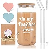 Teacher Appreciation Gifts for Women, Thank You Gift for Teacher, End of Year Teacher Present for Female Educators, 16oz Glass Cup with Lid and Straw, In My Teacher Era Design, Graduation Season