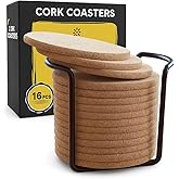 Cork Coasters for Drinks with Metal Holder - 16 Pcs Round 4 inch Drink Coaster Thick Absorbent Heat-Resistant Saucer - Used for Cold Hot Beverages Glasses Mugs Cups Plants Apartment Decor Bar Table