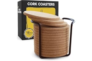 DECOPOM Cork Coasters for Drinks with Metal Holder - 16 Pcs Round 4 inch Drink Coaster Thick Absorbent Heat-Resistant Saucer - Used for Cold Hot Beverages Glasses Mugs Cups Plants Apartment Decor Bar Table