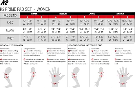 K2 Womens Prime Pad Set W Guards Black Blue Knee A 45 49cm B 39 42cm Elbow A 30 33cm B 29 32cm Wrist A 24 26cm B 21 23cm Xl Protective Gear Wrist Guards