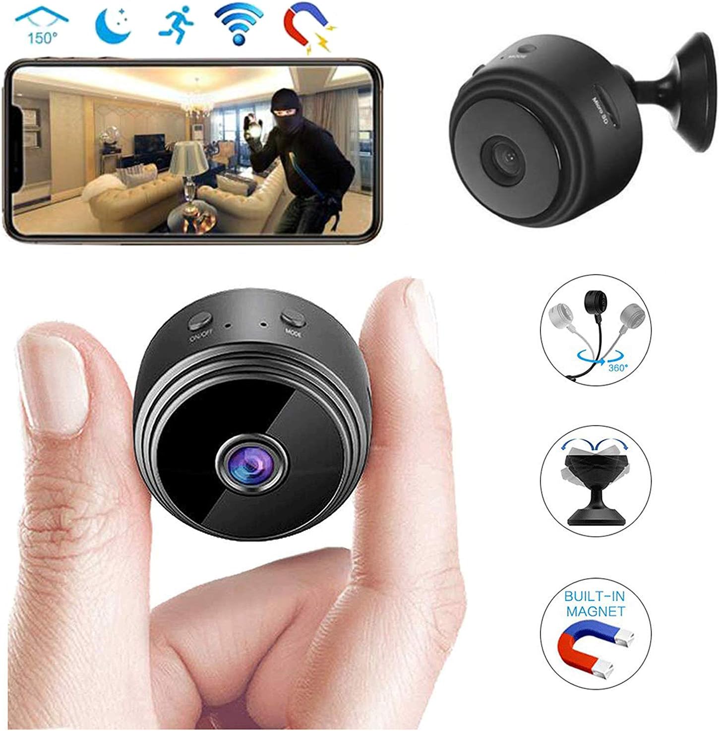 WiFi Hidden Camera, EMISK HD 1080P Mini Camera Night Vision 150°Wide-Angle Motion Detection, Portable Remote Home Security Cameras Nanny Cam, Wireless IP Camera Recording Use for Indoor & Outdoor