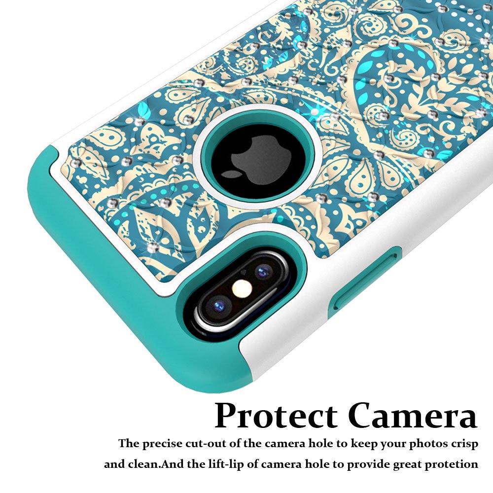 iPhone X Case, MagicSky [Shock Absorption] Studded Rhinestone Bling Hybrid Dual Layer Armor Defender Protective Case Cover for iPhone X (2017) - Flower1