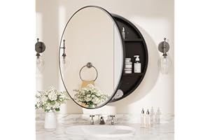 TETOTE 24 x 24 Inch Medicine Cabinet Mirror Black Framed Round Mirrored Medicine Cabinets for Bathroom Adjustable Shelves Modern Bathroom Mirror with Storage Wall Mounted