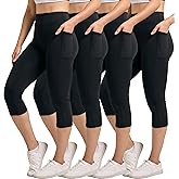 Real Essentials 4 Pack: Women's Capri Leggings with Pockets Casual Yoga Workout Exercise Pants (Available in Plus Size)