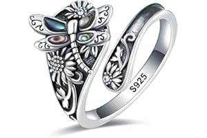 EJALEN S925-Sterling-Silver Turquoise Dragonfly/Butterfly Spoon Ring - Vintage Boho Sunflower Thumb Rings Oxidized Wrap Ring Victorian Style Antique Floral Jewelry Gifts for Women Girls