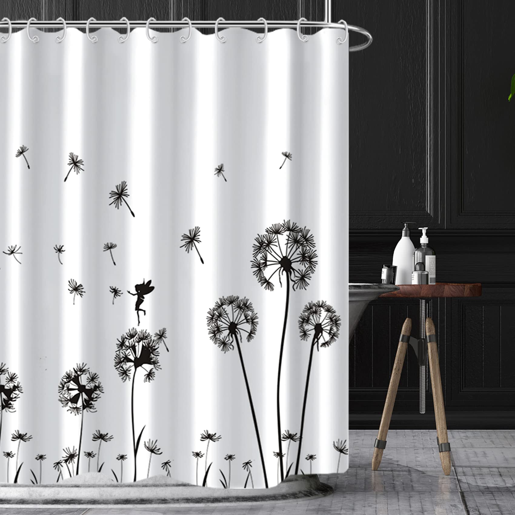 Bovlleetd Dandelion Shower Curtain Black And White Simple Flying Dandelion Elf Bathroom Curtain Bathroom Floral Design with Hook Waterproof Customizable Art Curtain 71x79inch