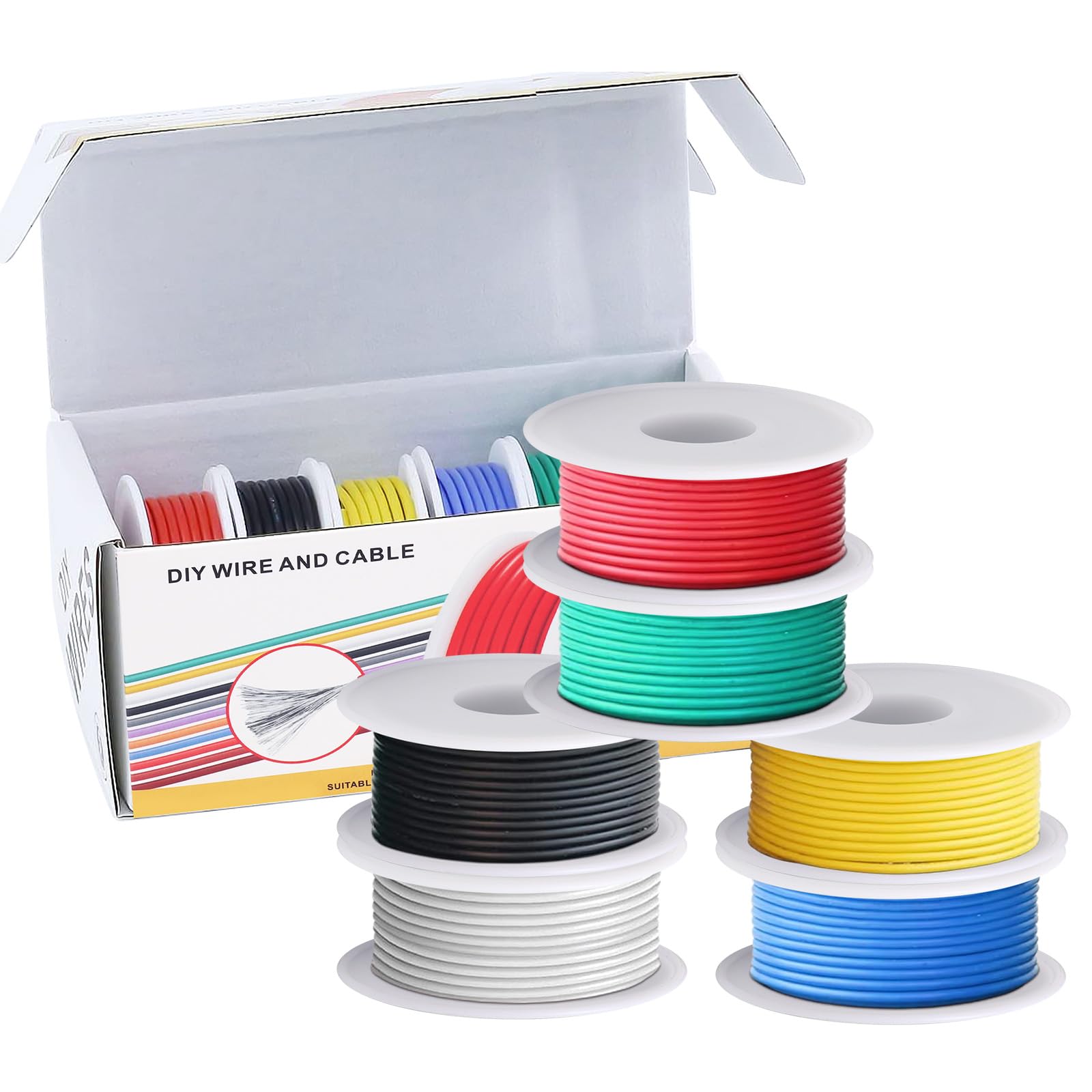 ‎Coomoors 26AWG Electrical Wire Kit 26 Gauge Silicone Electric Wire Tinned Copper Cable 6 Colors 7 Meters Each Electric Cable Set Hook Wire Flexible and Soft for DIY — image 1