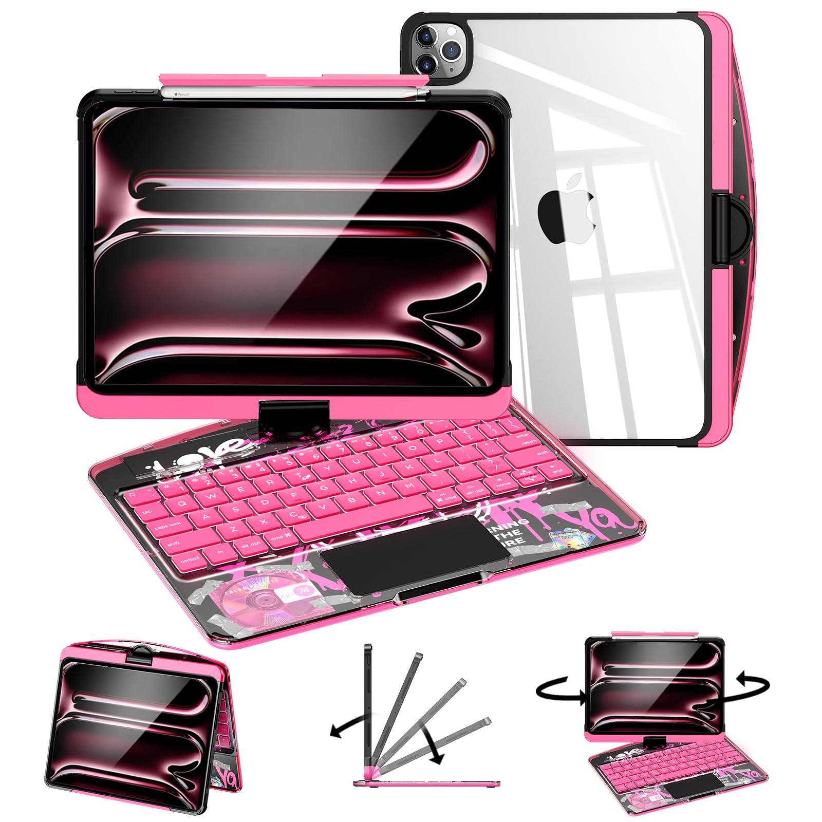 Photo 1 of ND NAIDUN Transparent Keyboard Case for iPad 11th A16(2025)/10th(2022),360°Rotating,7-Color Backlit Wireless Keyboard with Touchpad,Pencil Holder,Pink