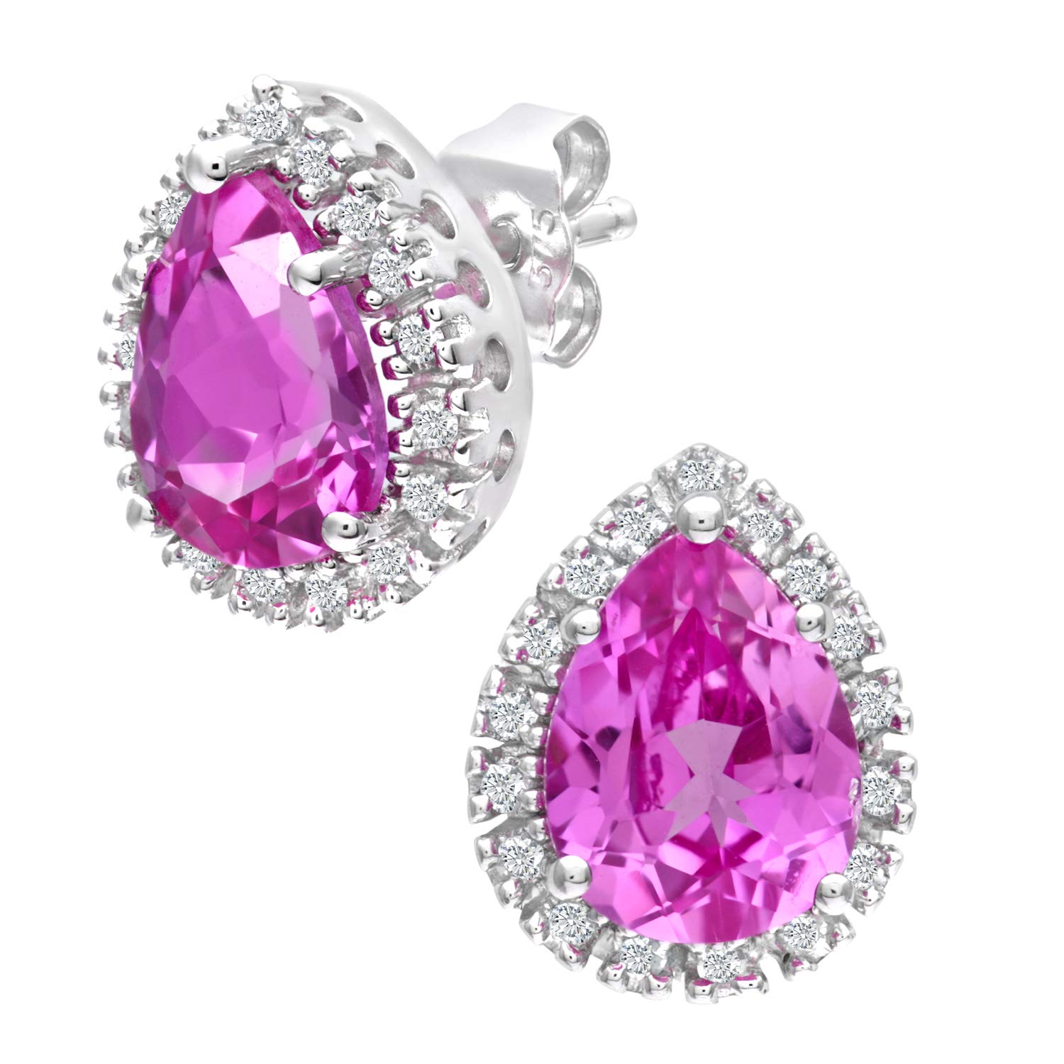 9ct White Gold Women’s Earrings – Pink Sapphire Teardrop Diamond Border Studs - by Elegano