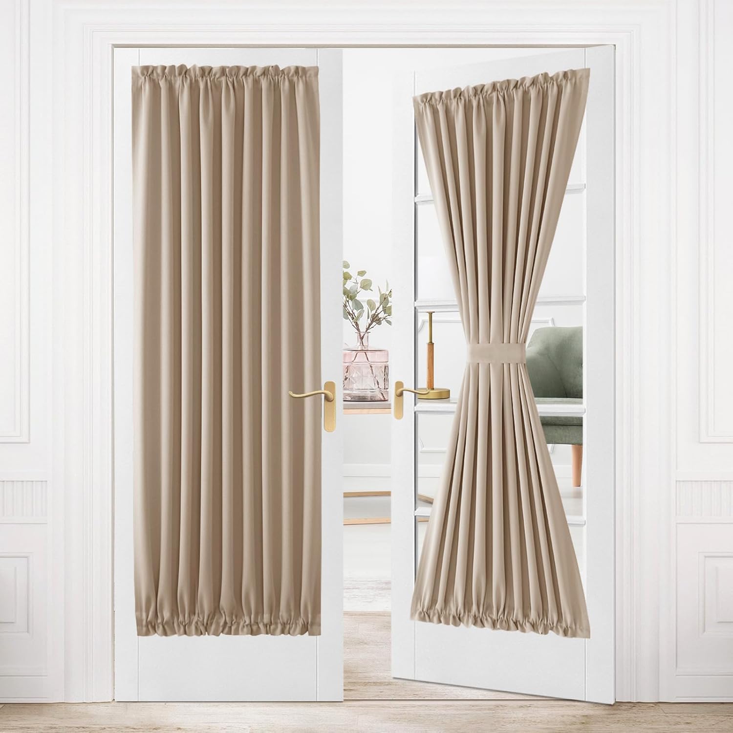Outdoor Curtains - DWCN French Door Curtains – Rod Pocket Thermal Blackout Curtain for Doors with Glass Window, Kitchen and Patio Doors for Privacy, 36 X 80 Inches Long, 1 Curtain Panel with Tieback, Beige