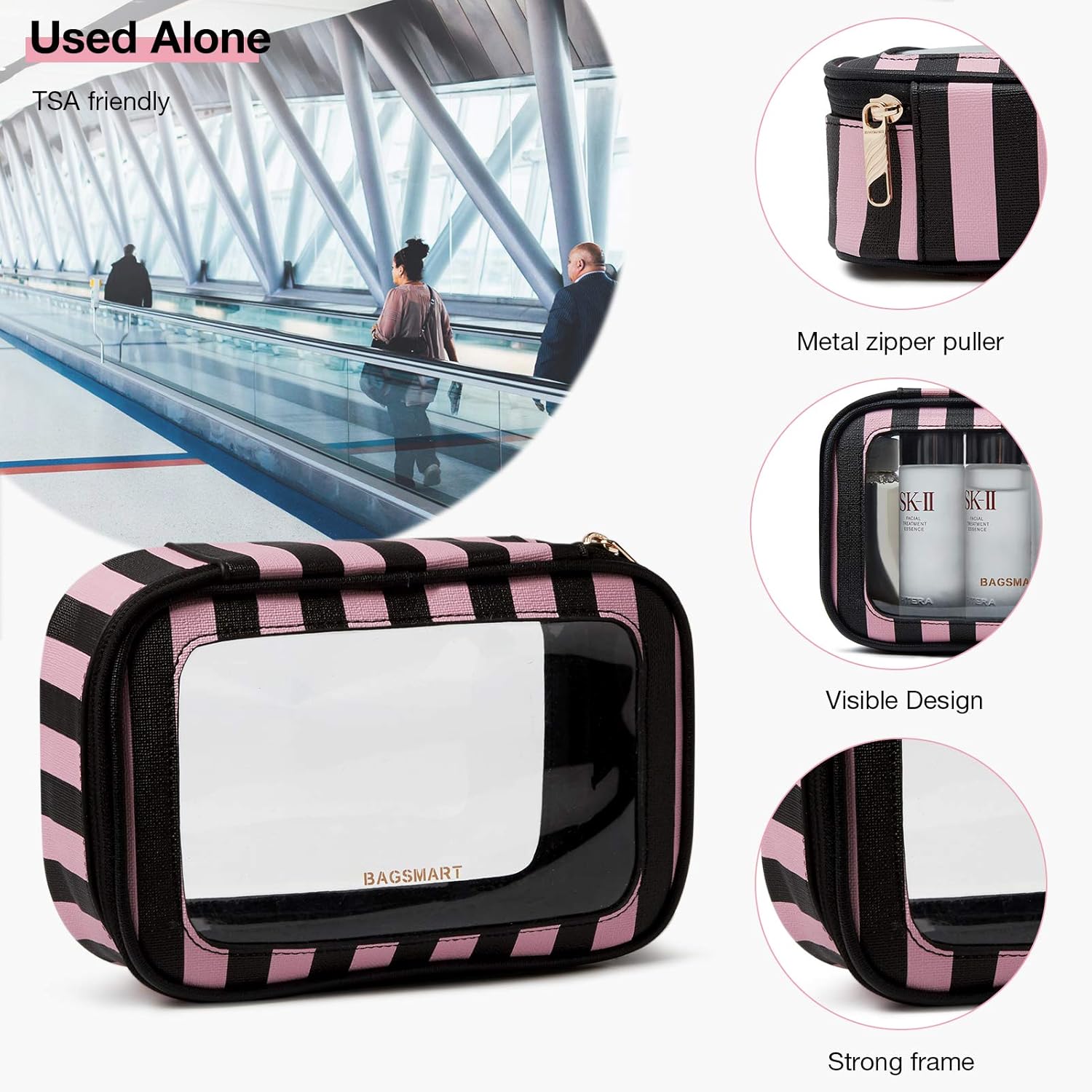 Travel Makeup Bag, BAGSMART Extra Large Cosmetic Bags Double Layer with Adjustable Dividers, Leather Makeup Bags Water-resistant Leather with Portable Clear Travel Makeup Cases, for Makeup, Cosmetics Tools, Brushes