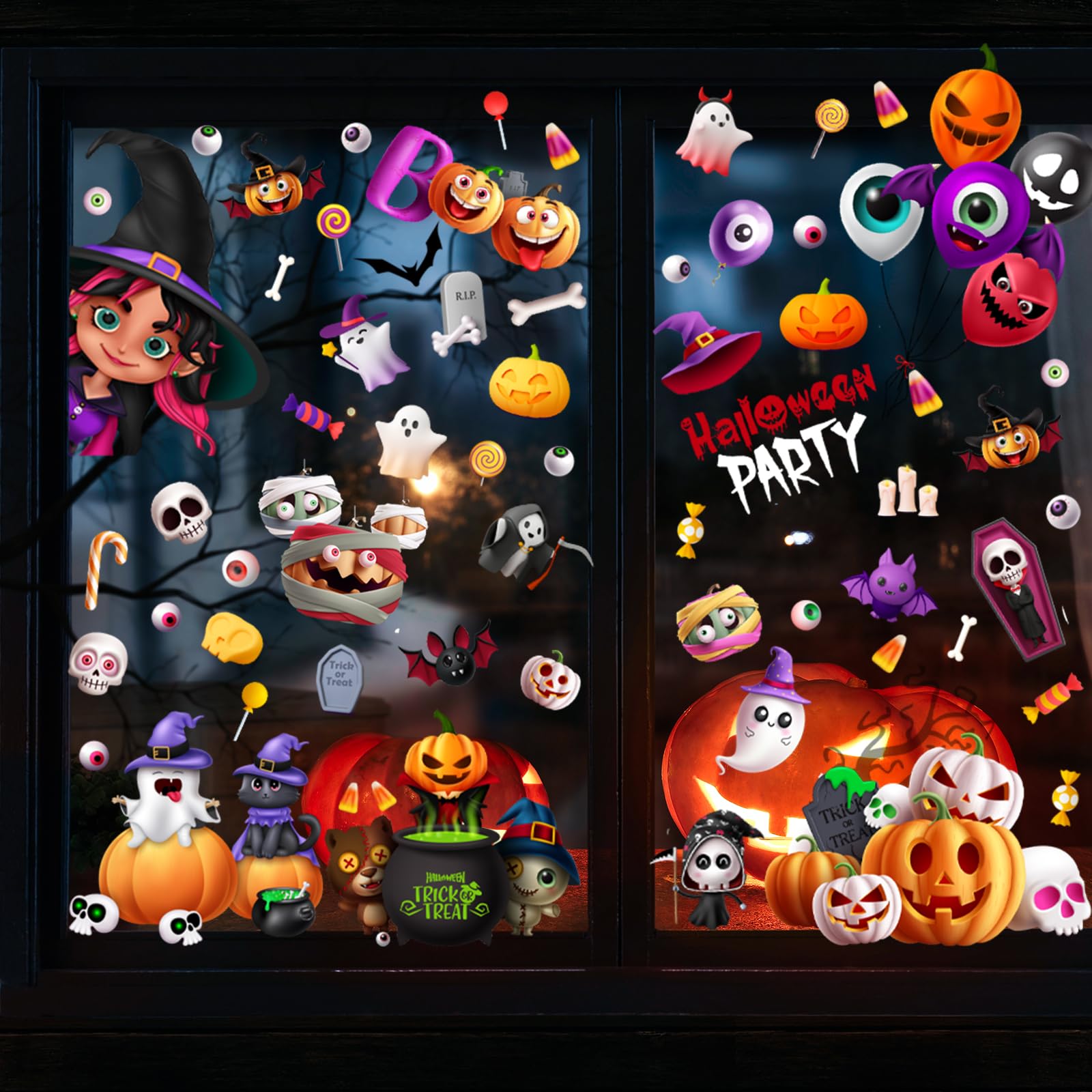 Spooky Halloween Window Clings Decals - 133 Pack Pumpkin Ghost Bat Decor Static Stickers - 8x10 Inch, Reusable & Waterproof for Glass (Fall Decorations)