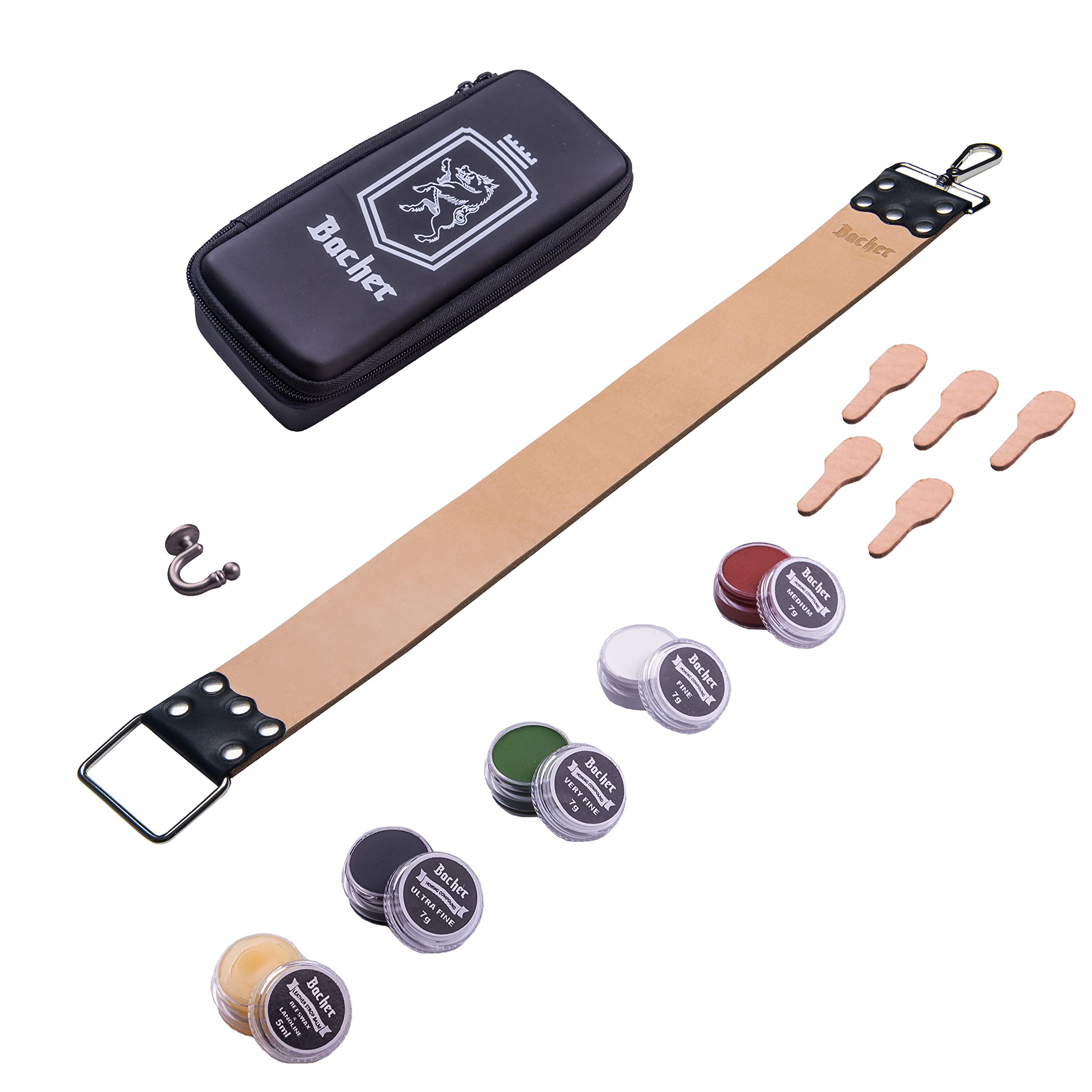 Bacher Shaving Strop Belt with Honing Compounds - Premium Set - Leather Straight Razor Sharpener, Sharpening Compound and Razors Case (Regular: 56.5x5 cm) - Manual Shaving Accessories