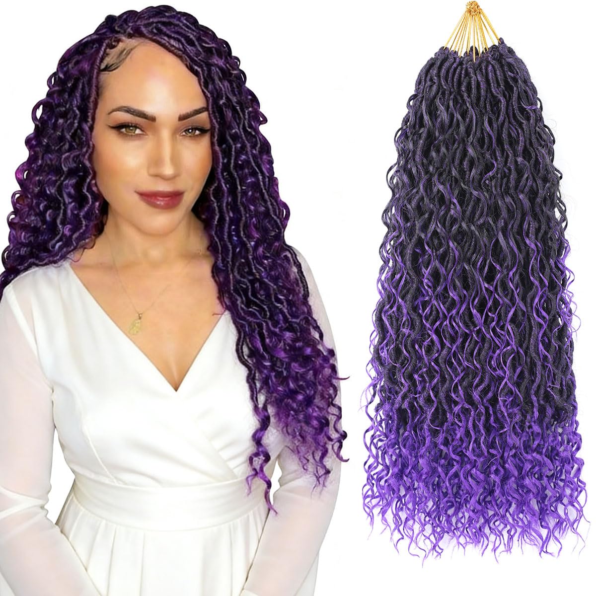 22 Inch Purple Goddess Locs Crochet Hair For Black Women Pre Looped,Prelooped Goddess Faux Locs With Curly Ends Boho Hippie River Lock Crochete Braids,Light Weight(22",8packs,T1B/Purple#) Image