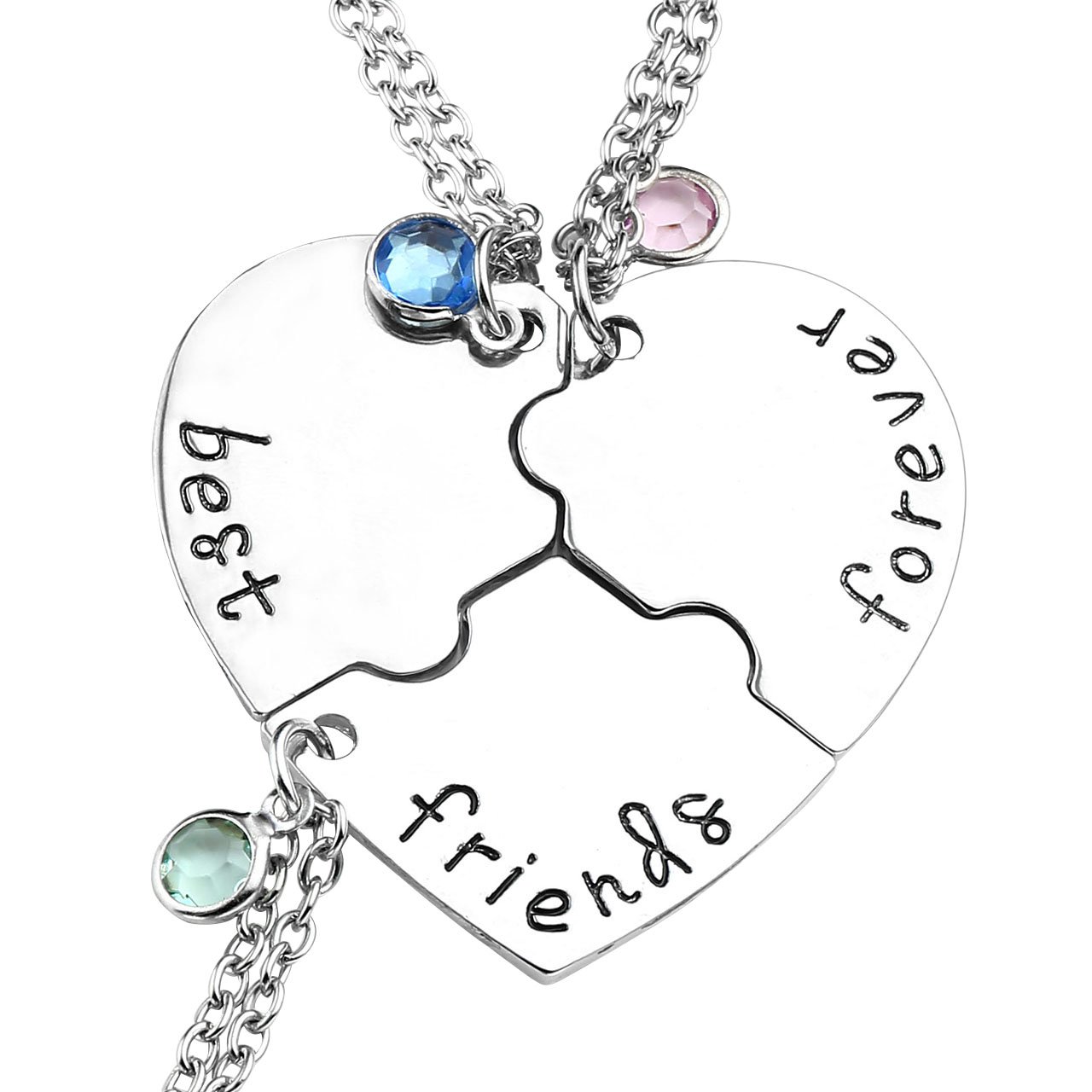 JSDDE Silver Tone Alloy Rhinestone Best Friends Forever and Ever BFF Necklace Engraved Puzzle Friendship Pendant Necklaces Set(Set of 3)