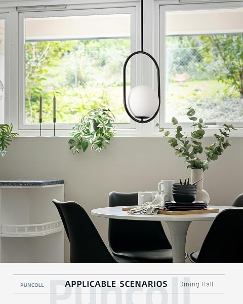 PUNCOLL BLACK PENDANT LIGHTS – 1-LIGHT PENDANT LIGHTS KITCHEN ISLAND WITH MILKY WHITE GLOBE GLASS – MID CENTURY PENDANT LIGHT FIXTURES – BLACK HANGING LIGHTS FOR KITCHEN H9376-MGBK