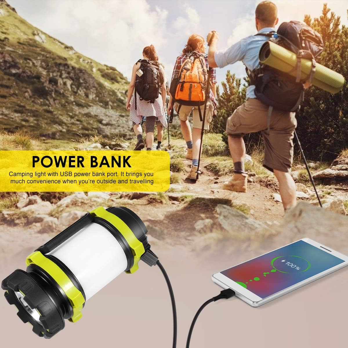 LED Camping Lantern, Rechargeable Portable Lantern Flashlight, 3600mAh Power Bank, Two Way Hook of Hanging, Perfect for Hurricane, Emergency Light, Outdoor Recreations, USB Cable Included (Green) : Sports & Outdoors