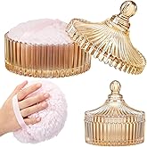 Tioncy 2 Pcs Extra Large Dusting Powder Puff and Container for Women-6'' Glass Crystal Dusting Powder Container with Body Soft Washable Reusable Velour Face(Clear,Classic)(Amber,Classic)