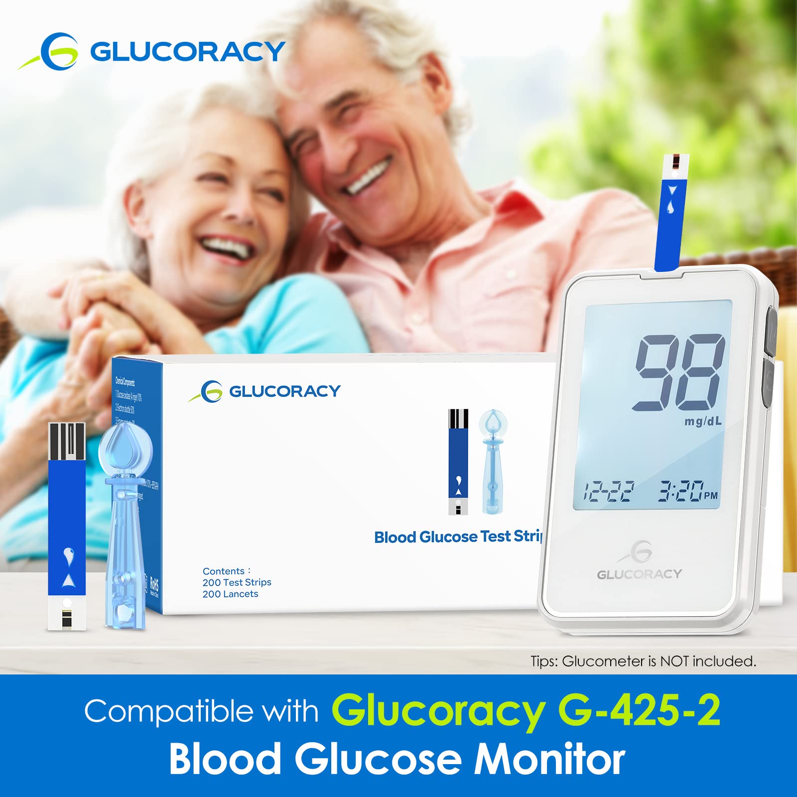 Glucoracy Blood Glucose Test Strips G-425-2, 200 Blood Sugar Test Strips for Diabetes, 200 Lancets, Self Diabetes Blood Glucose Testing, Only Works with Glucoracy G-425-2 Meter