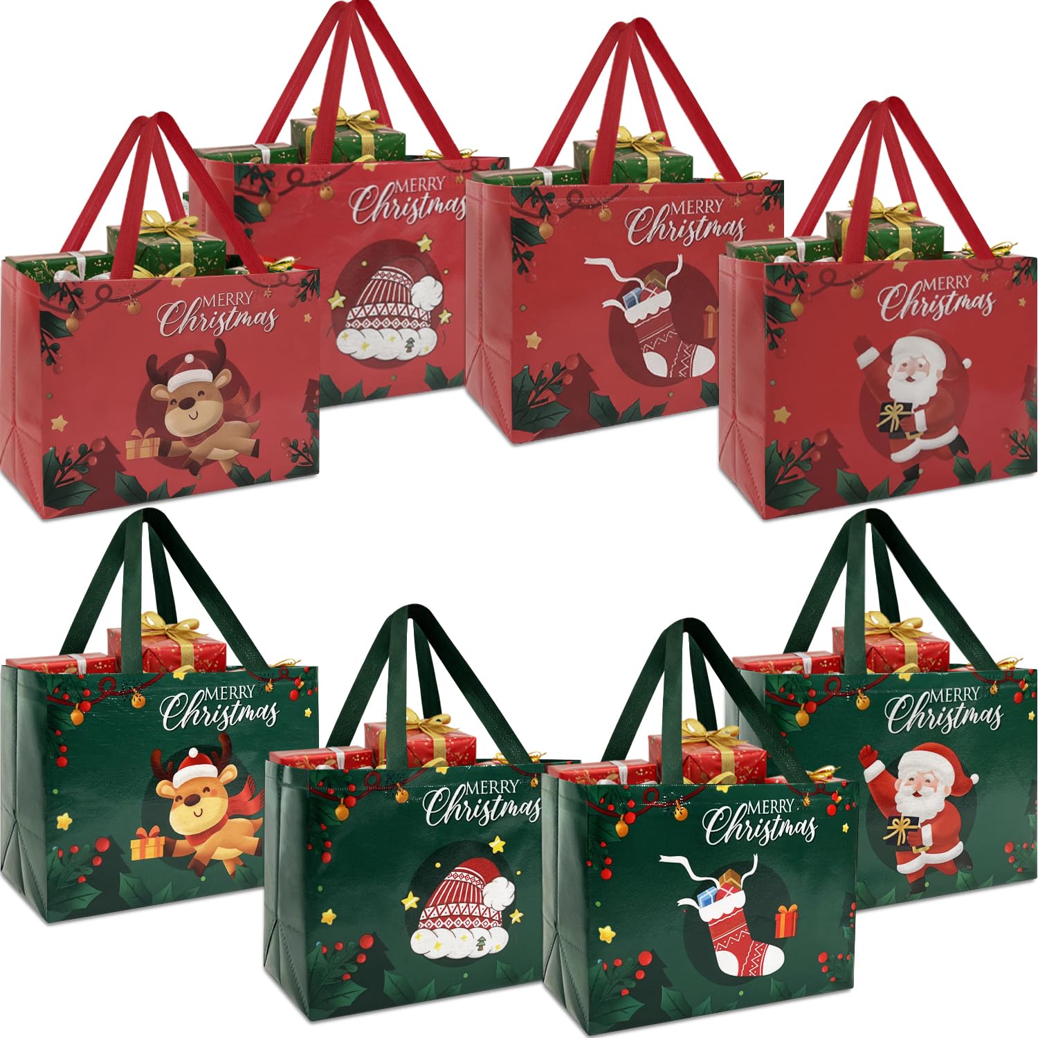 Photo 1 of **** 2 PPK BUNDLE *** AFKLMNE 8-Pack Christmas Gift Bags with Handles, Tote Bags for Holiday Party Favor Gift and Family Gifts Wrap, Reusable (12.8"×9.8"×6.7")