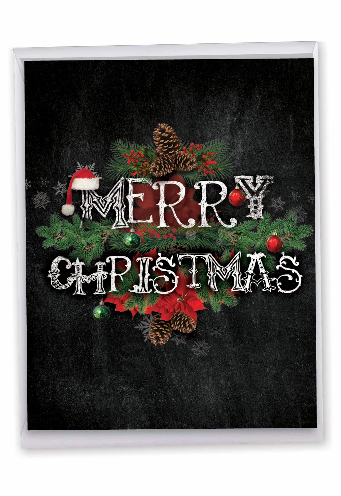 J2358FXSG Jumbo Christmas Card: Christmas Chalk and Roses Featuring Merry Christmas Sentiments in a Chalk Typeface with Holiday Florals,With Envelope (Extra Large Version: 8.5'' x 11'')