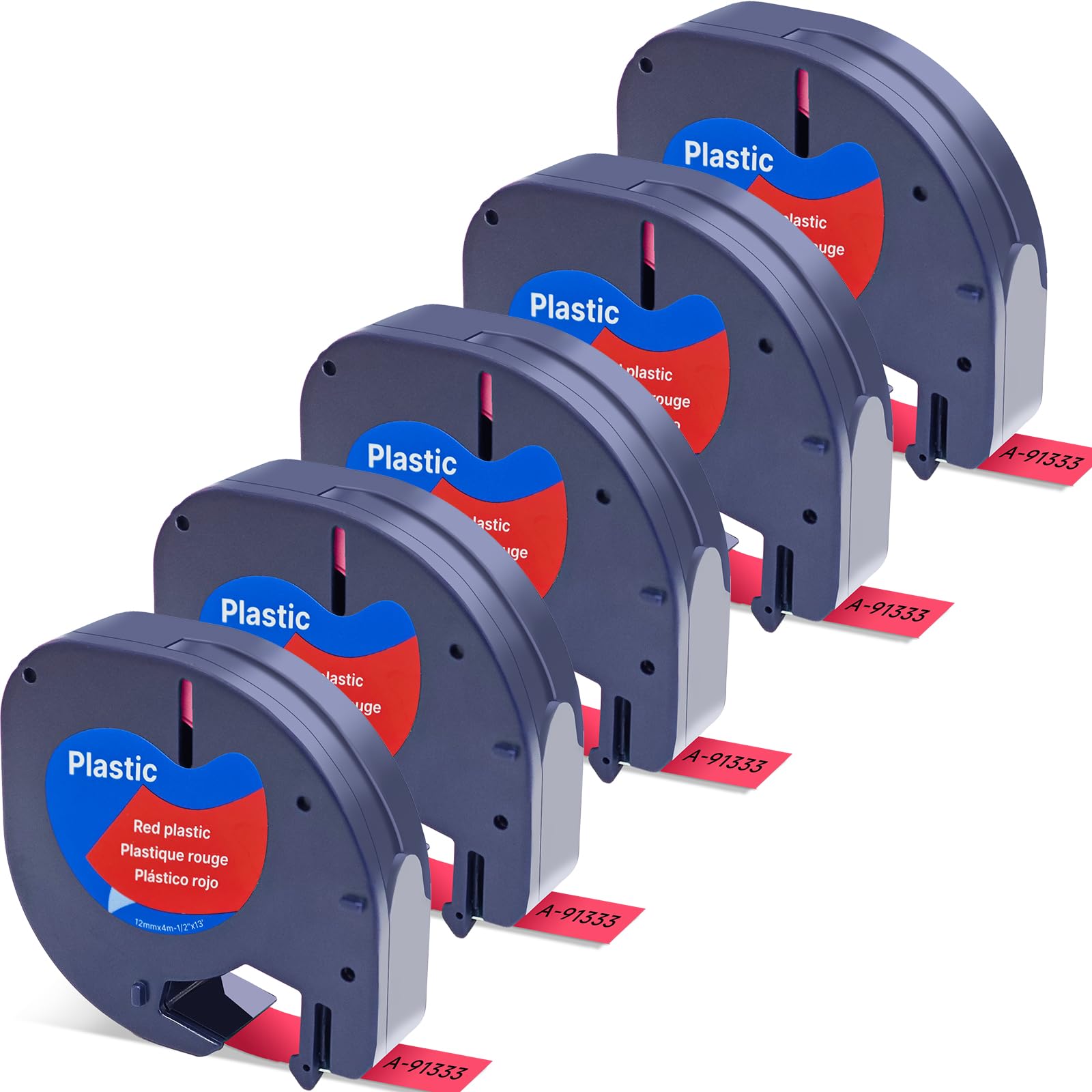 Label Orison 91203 91333 Compatible with Dymo LetraTag Refills Labels Plastic Labeling Tape for DYMO LabelMaker LT100H LT100T Plus,Black on Red,1/2 Inch X13Feet(12mmx4m),5Pack