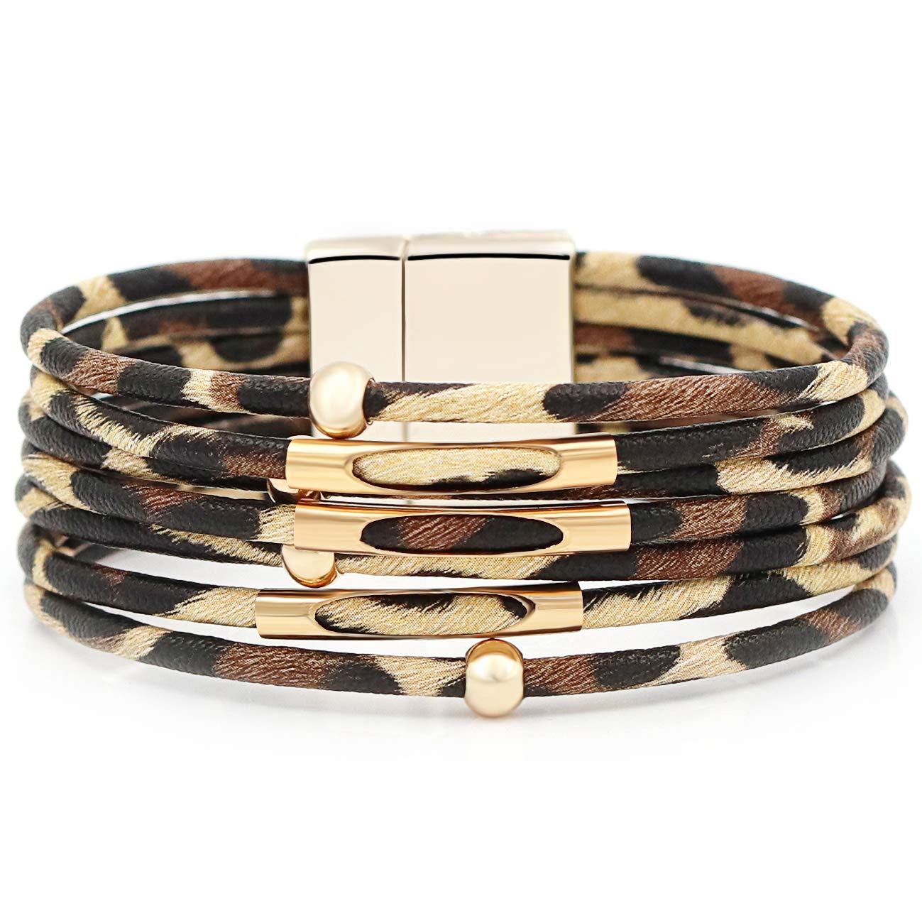 Gleamart Leopard Leather Bracelet Multilayer Boho Metal Tube Bracelet for Women Beige Leopard