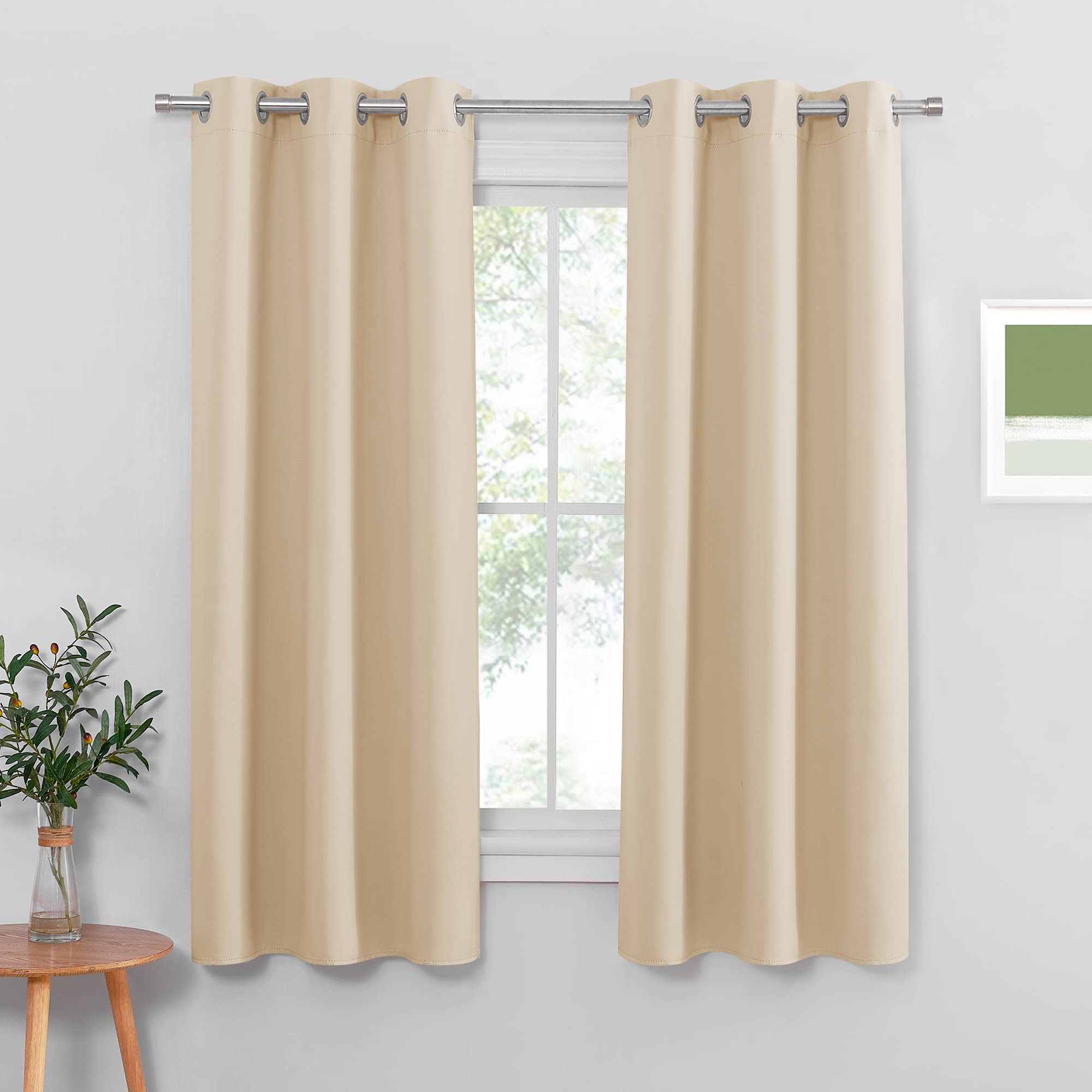 PONY DANCE Beige Eyelet Curtains Window Treatment for Home Decoration Energy Saving Balance Temperature Curtains & Drapes for Noise Reducing, 42-inch x 63-inch Wide by Drop, 2 Pcs, Biscotti Beige