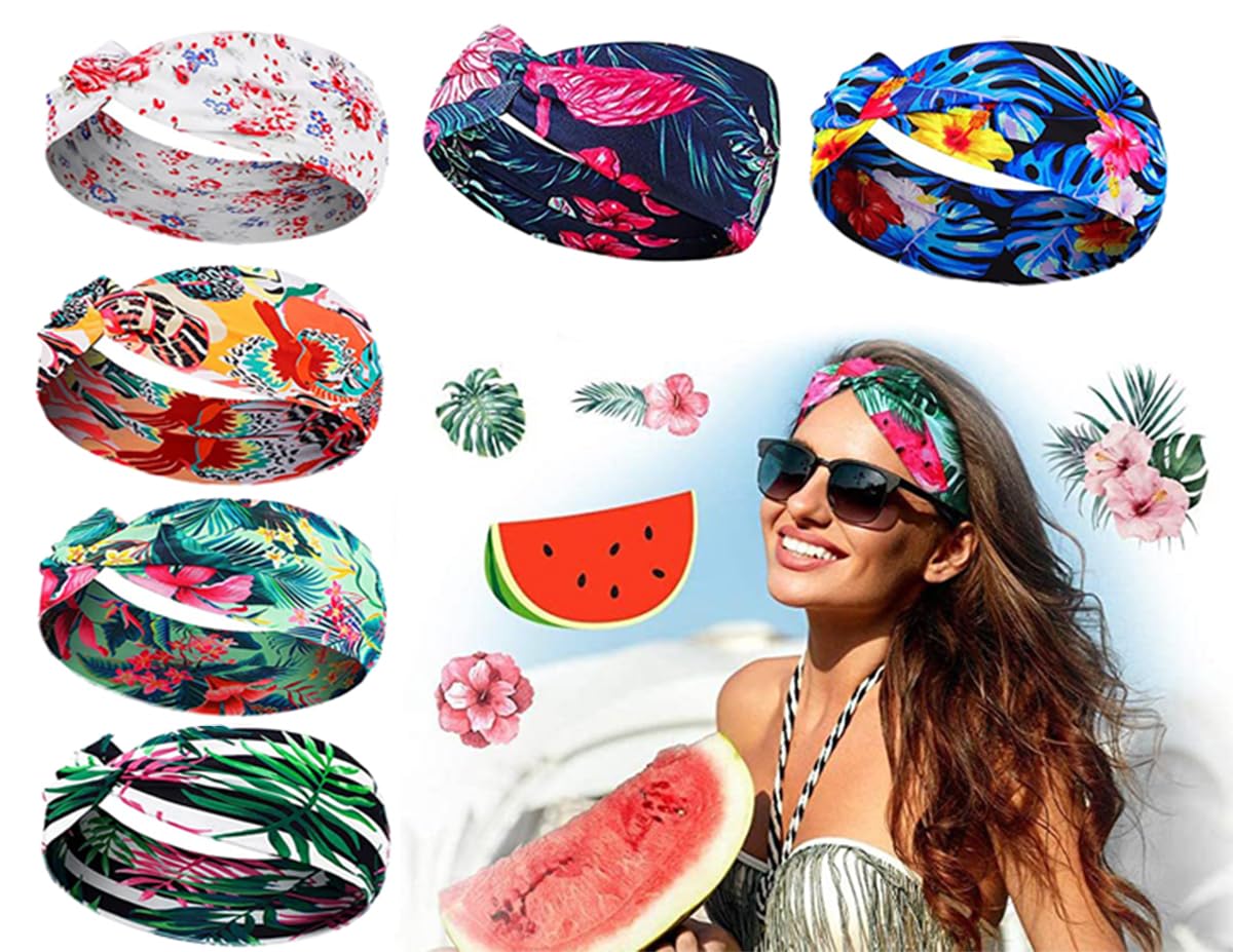 6Pcs headbands for women's wide headband Hawaiian beach vacation style boho retro head Scarfs |Yoga Hairbands Fabric Elastic Headband Sport Running Swimming Travel Headscarves (white, One Size)