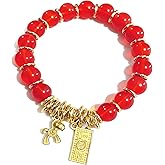 QRH Chinese New Year of The Horse Natural Stone Bracelets Multi-colored Horse Stone Beaded Stretch Bracelet Gold Zodiac Horses Good Luck Amulet Blessing New Year Bracelet Gift