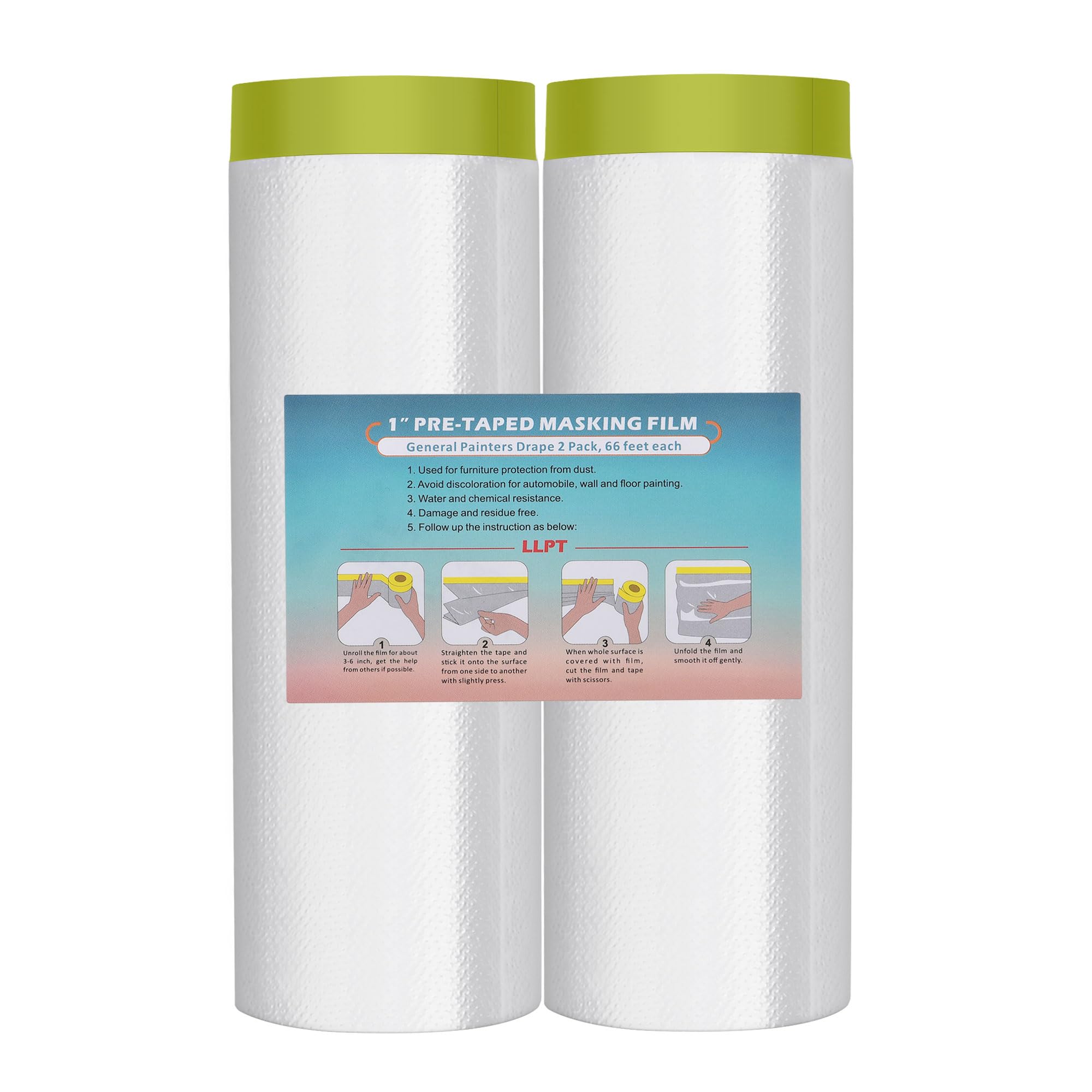 LLPT Tape and Drape Pre-Taped Masking Film | 2-Pack | 200cm(Unfolded) x 20m | Versatile Painter's Plastic Dust Sheets | for Auto Wall Painting and Spraying Protection (MFTG2020) | Green Washi Paper