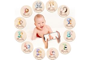 BETTSPARKS Monthly Baby Milestone Cards - Pregnancy and Baby Shower Gifts,Baby Monthly Milestone Cards with Animals Printed Milestone Wooden Discs Includes Boy/Girl Birth Announcement Sign