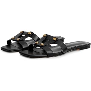 Wnshonzy Slide Sandals Flat for Women Slip on Slipper Square Toe Studded Sandal Summer Beach Fashion Dressy Casual Vintage Co