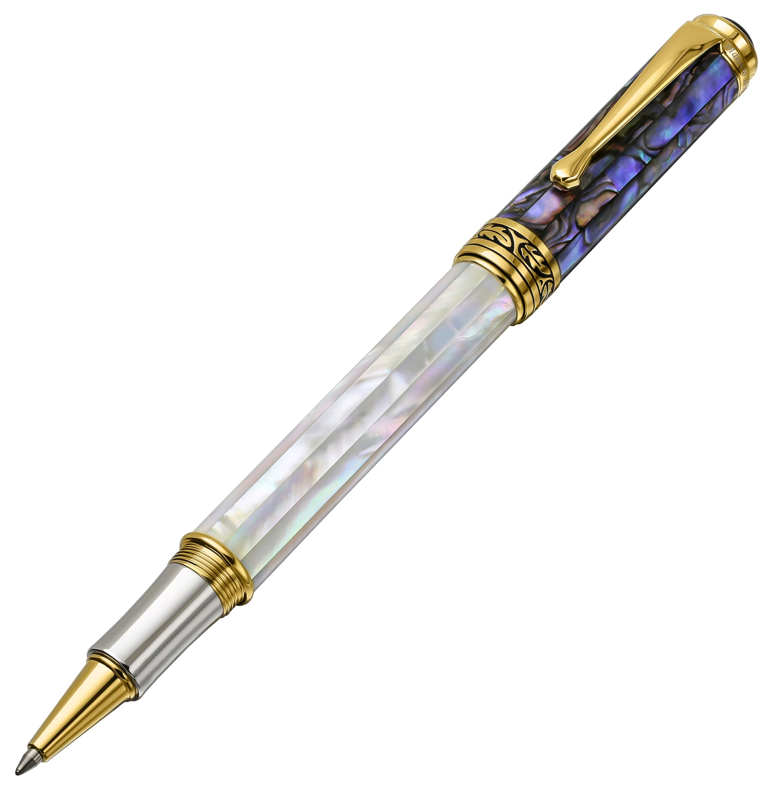Xezo Maestro Rollerball Pen, Fine Point. Oceanic Mother of Pearl, Pāua Shell, Platinum and 18K Gold Plating. Handcrafted, Limited Edition, Serialized