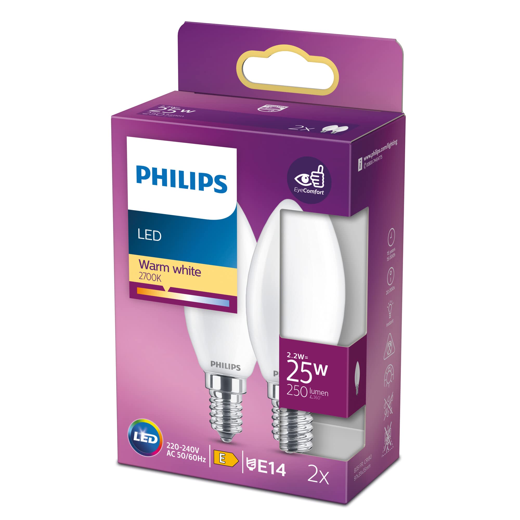 Philips LED Premium Classic B35 Frosted Light Bulb 2 Pack [E14 Small Edison Screw] 25W, Warm White 2700K, Non Dimmable