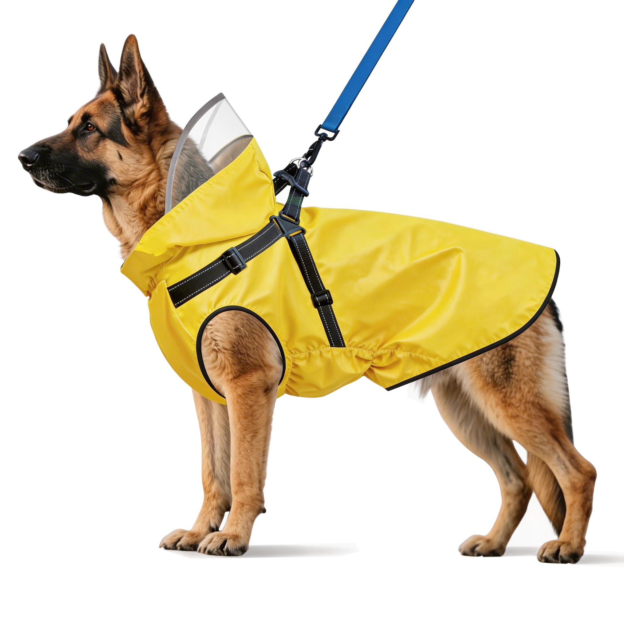Photo 1 of Dog Raincoat: Dog Rain Jacket with Reflective Harness & Removable Hood | Waterproof Dogs Rain Coat Poncho for Large Medium Small Dogs Puppies (Yellow - XXL)