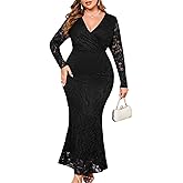 ZOMVA Plus Size Floral Lace Dress Elegant Bodycon Mermaid Maxi Evening Gown V Neck Wrap Long Sleeve Formal Dresses Party