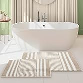 Tindbea Bathroom Rugs Set 2 Piece, Extra Soft and Absorbent Fluffy Striped Chenille Bath Mat Rug Set, Non Slip Bathroom Floor Mat, Machine Washable (20" x 32" Plus 16" x 24", Khaki)
