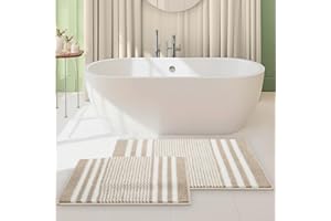 Tindbea Bathroom Rugs Set 2 Piece, Extra Soft and Absorbent Fluffy Striped Chenille Bath Mat Rug Set, Non Slip Bathroom Floor Mat, Machine Washable (20" x 32" Plus 16" x 24", Khaki)