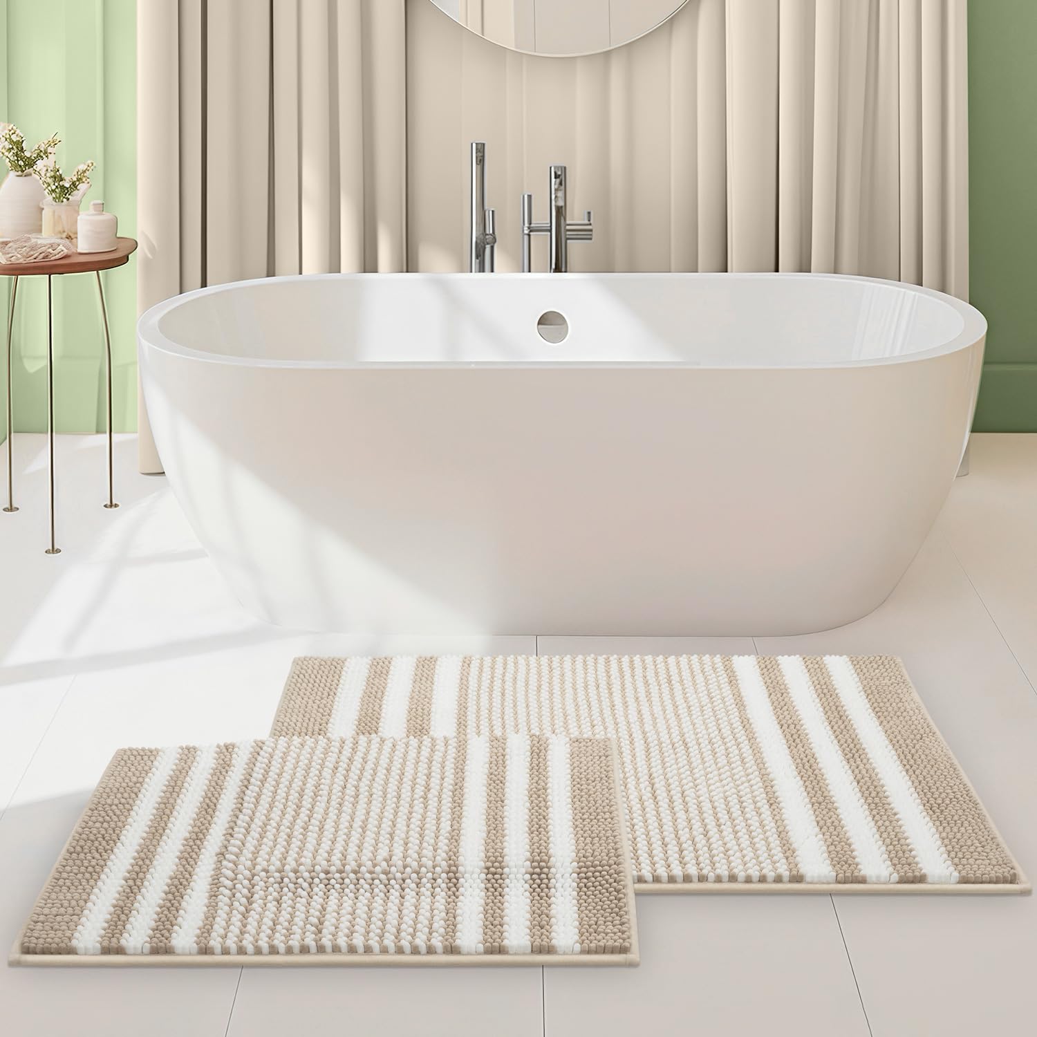 Photo 1 of ***MISSING ONE***Tindbea Bathroom Rugs Set 2 Piece, Extra Soft and Absorbent Fluffy Striped Chenille Bath Mat Rug Set, Non Slip Bathroom Floor Mat, Machine Washable (20" x 32" Plus 16" x 24", Khaki)
