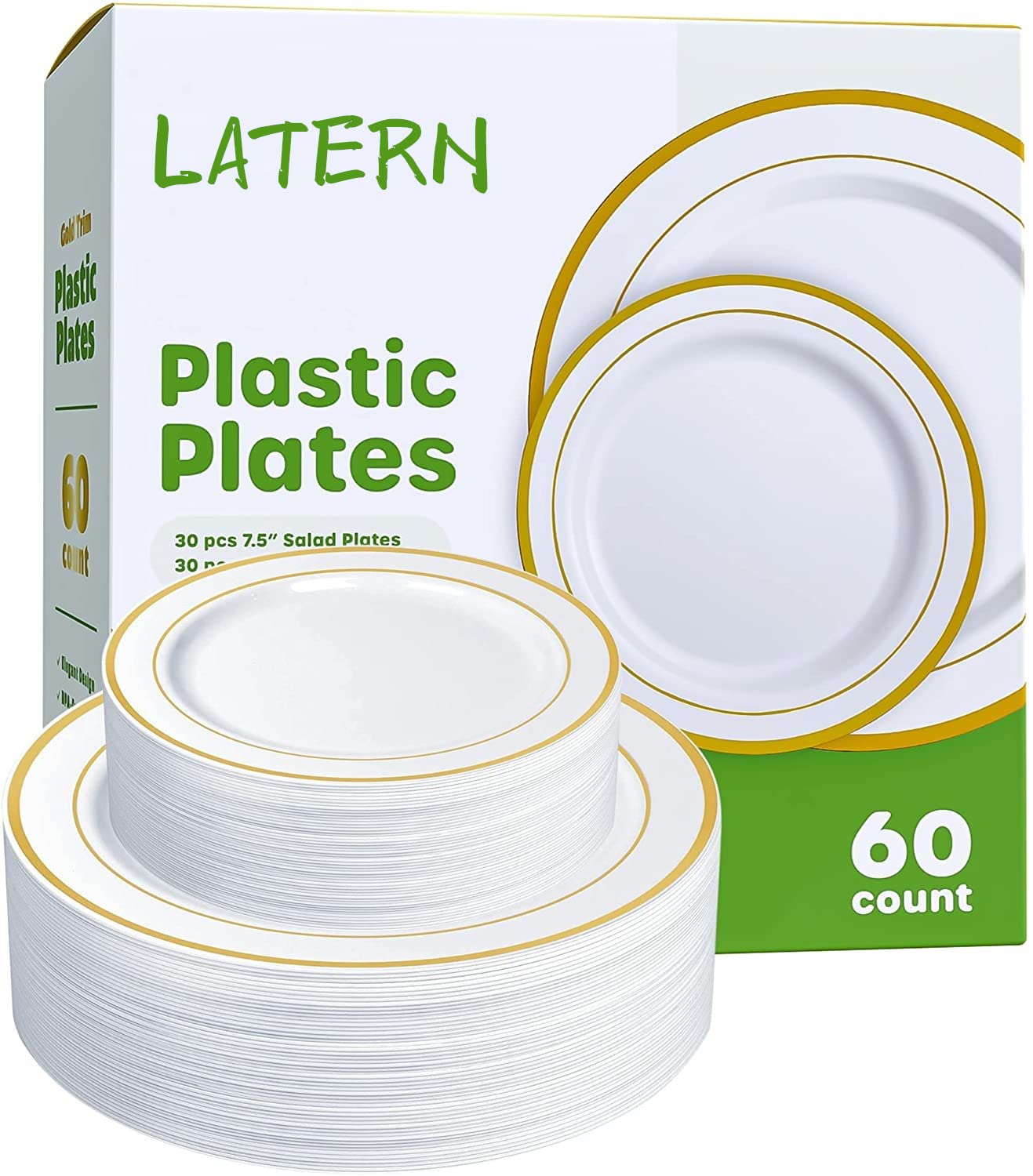 LATERN 60Pcs Multi-Use Gold Plastic Dinnerware Set, 30Pcs 26cm Dinner Plates + 30Pcs 19cm Salad Plates, Reusable Plastic Plate for 30 Guests Wedding Anniversary Garden Dessert Party