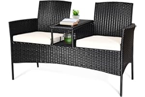 Tangkula Wicker Patio Conversation Furniture Set, Outdoor Furniture Set with Removable Cushions & Table, Tempered Glass Top, Modern Rattan Bench for Garden Lawn Backyard (White)