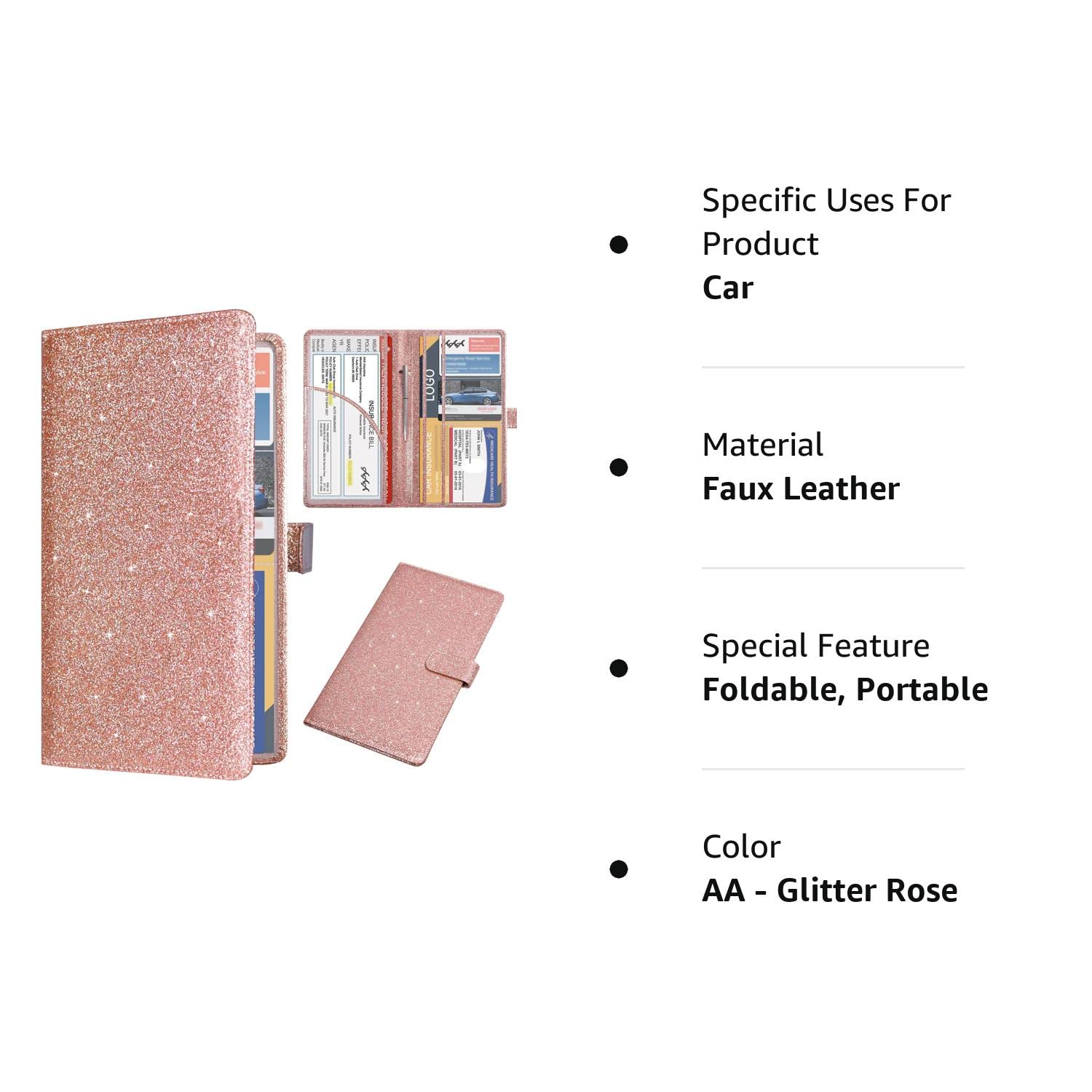 DMLuna Car Registration and Insurance Holder, Leather Vehicle Card Document Glove Box Organizer, Auto Truck Compartment Accessories for Essential Information, Driver License Cards, Glitter Rose