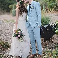 High-End Suits Retro Blue Linen Suit for Men Casual