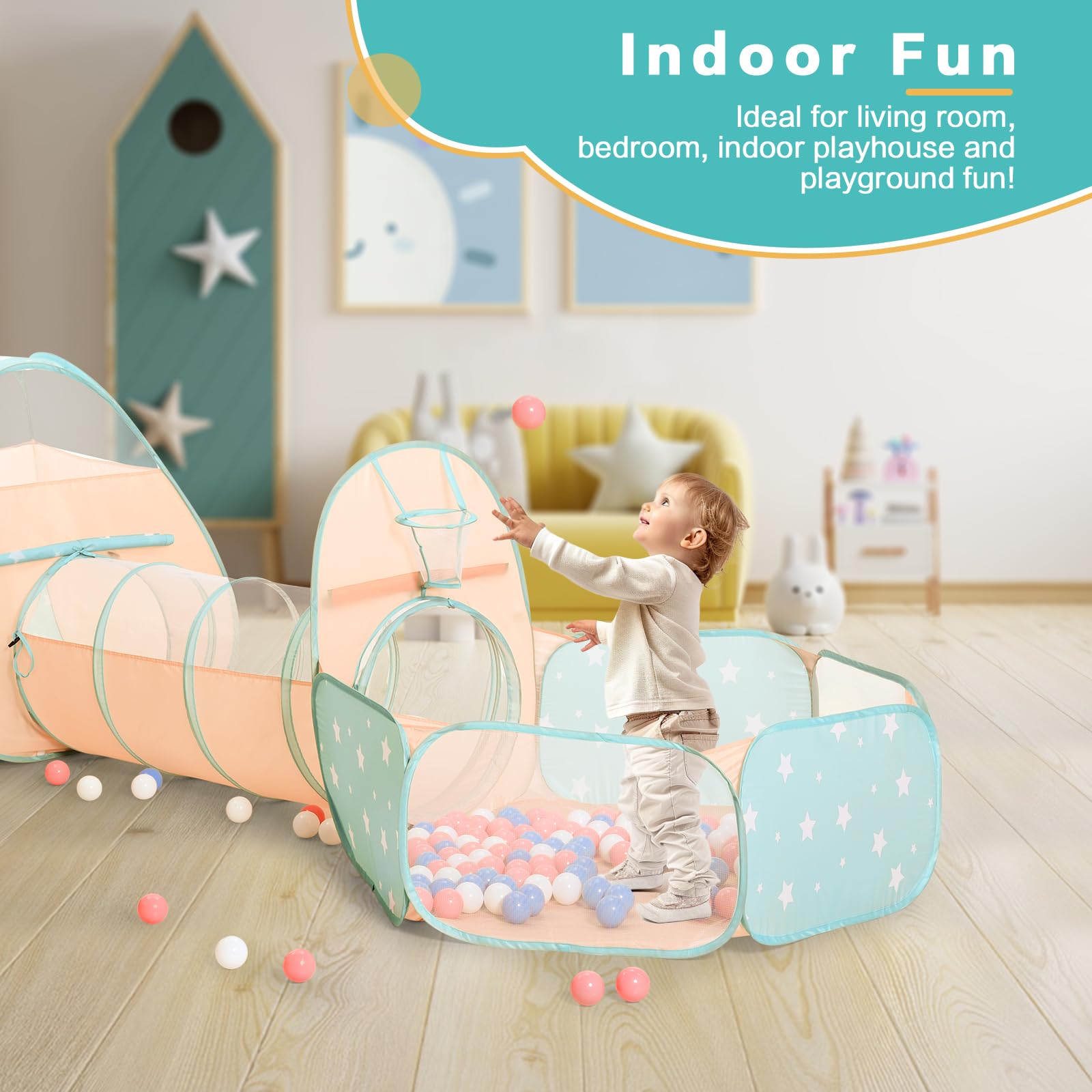 SISTICKER 3 in 1 Kids Play Tent with Baby Ball Pit and Play Tunnel, Toddler Climbing Toys for Boys, Girls, Babies, Indoor Outdoor Pop Up Playhouse Tunnel Toys (Balls NOT Included)